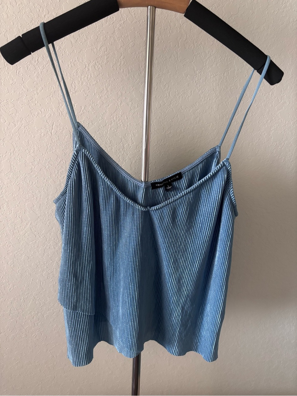 Kendall & Kylie Blue Pleated Ribbed Cami Tank Top Spaghetti Strap Womens L Y2K
